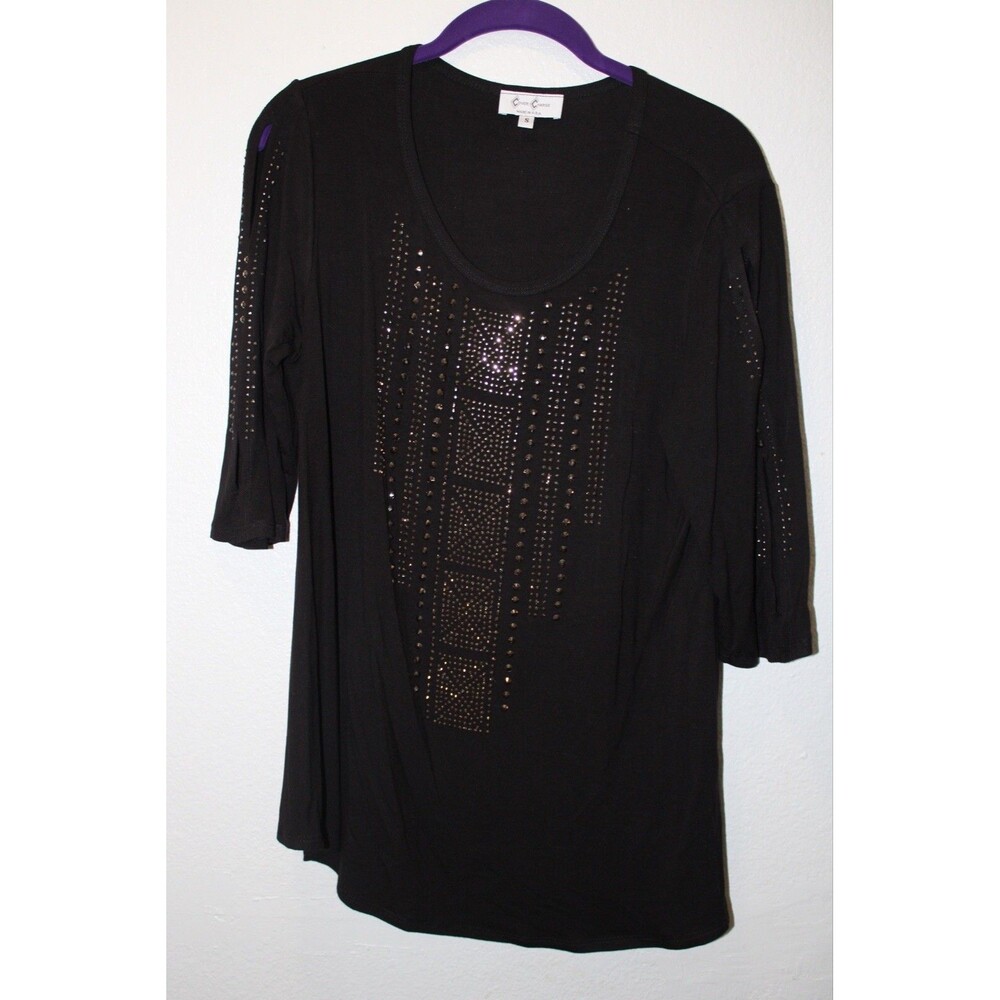 Cover Charge Black Rhinestone Top Shirt Usa 3/4 sleeve Small